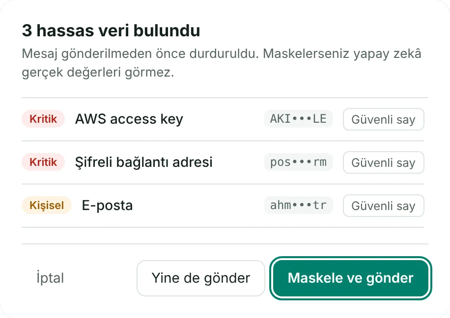 TypeShield uyarı penceresi: 3 hassas veri bulundu
